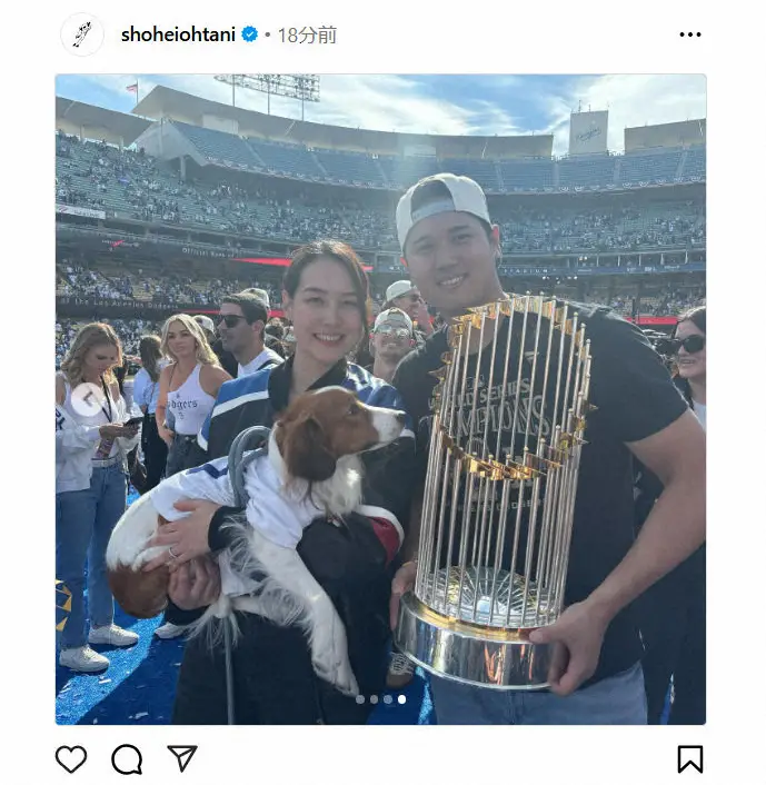 【画像・写真】大谷翔平　歓喜Vパレードのオフショ公開　真美子夫人＆デコピンとの“家族写真”も　ファン「私も幸せ」