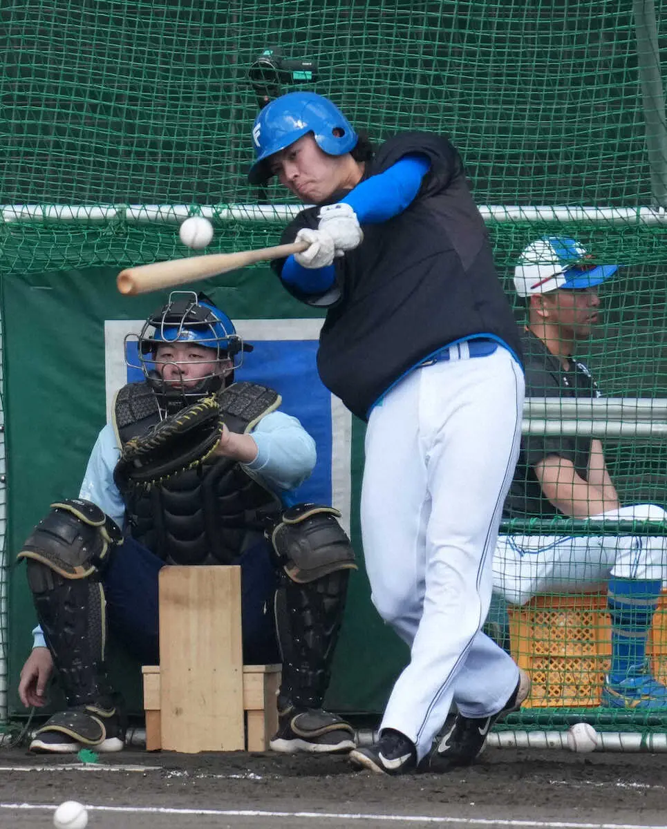 【画像・写真】日本ハム育成のマイカ与那嶺　フリー打撃で柵越え2発「まずは背番号を2桁にして、エスコンで試合に」
