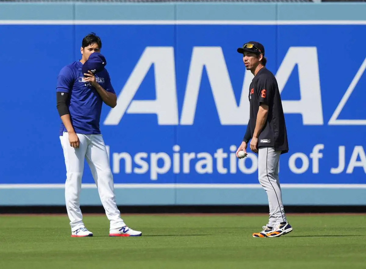 【画像・写真】大谷翔平　試合前に2日連続キャッチボール　30日に32日ぶりのブルペン投球予定　マエケンとも談笑