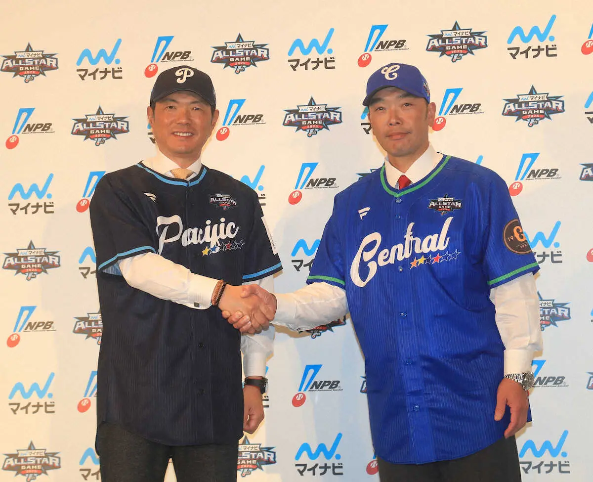 【画像・写真】＜マイナビオールスターゲーム2025会見＞プラクティスユニフォームを着用する小久保監督（左）と阿部監督　（撮影・西川祐介）