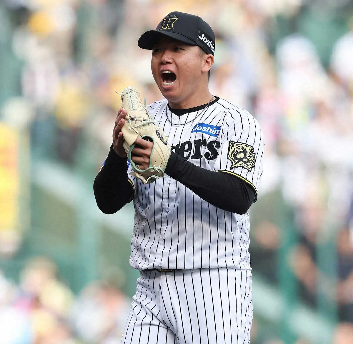 【画像・写真】＜神・中（6）＞　2試合連続完封勝利を挙げ、哮える村上　（撮影・須田　麻祐子）