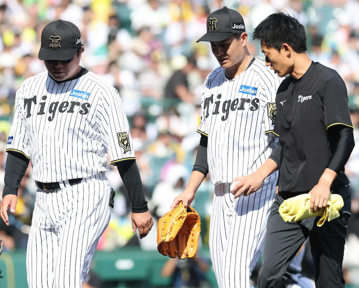 【画像・写真】阪神・大竹にアクシデント発生　左手伸ばすしぐさ見せ6回途中で緊急降板　わずか1安打投球も…