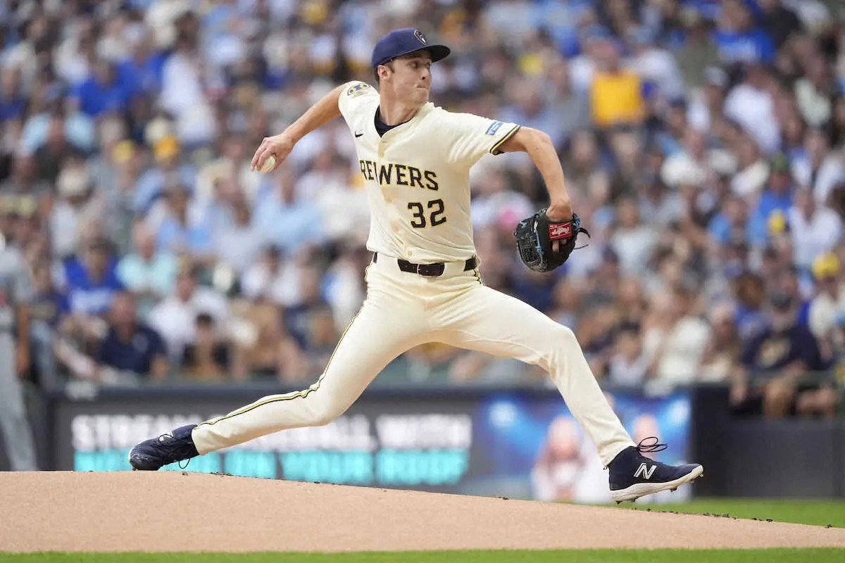 【画像・写真】ドジャース戦に先発したブルワーズ・ミジオロウスキー（AP）