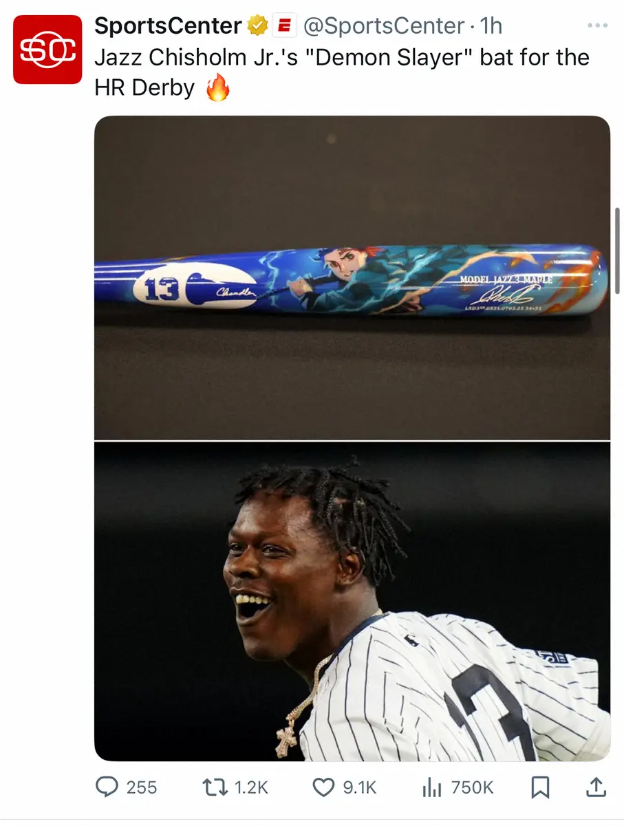 【画像・写真】「鬼滅の刃」バットでHRダービー！ヤ軍チザム　「かっこいい」「ヒノカミ神楽」大反響も…気になる結果は