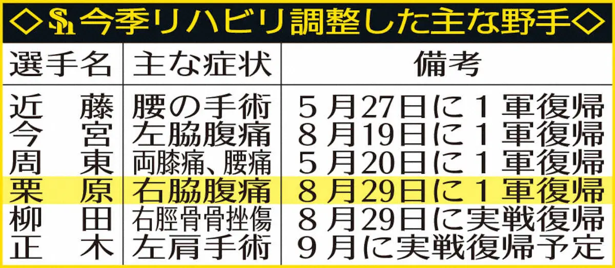 【画像・写真】表・ソフトバンク・今期リハビリ調整した主な野手