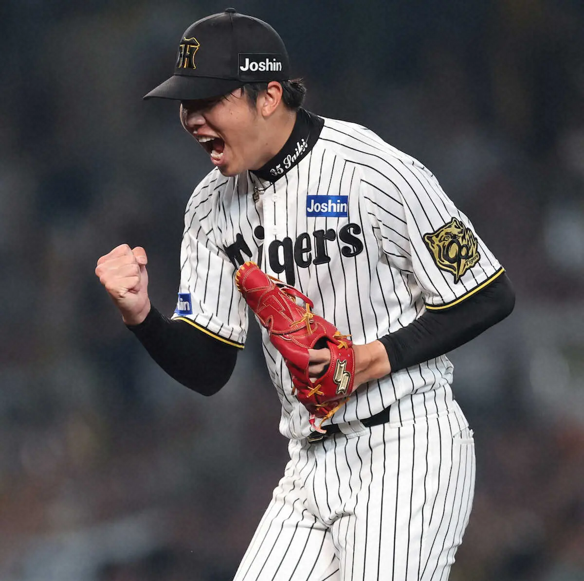 【画像・写真】＜神・D＞完封勝利を挙げ、ガッツポーズする才木（撮影・北條　貴史）