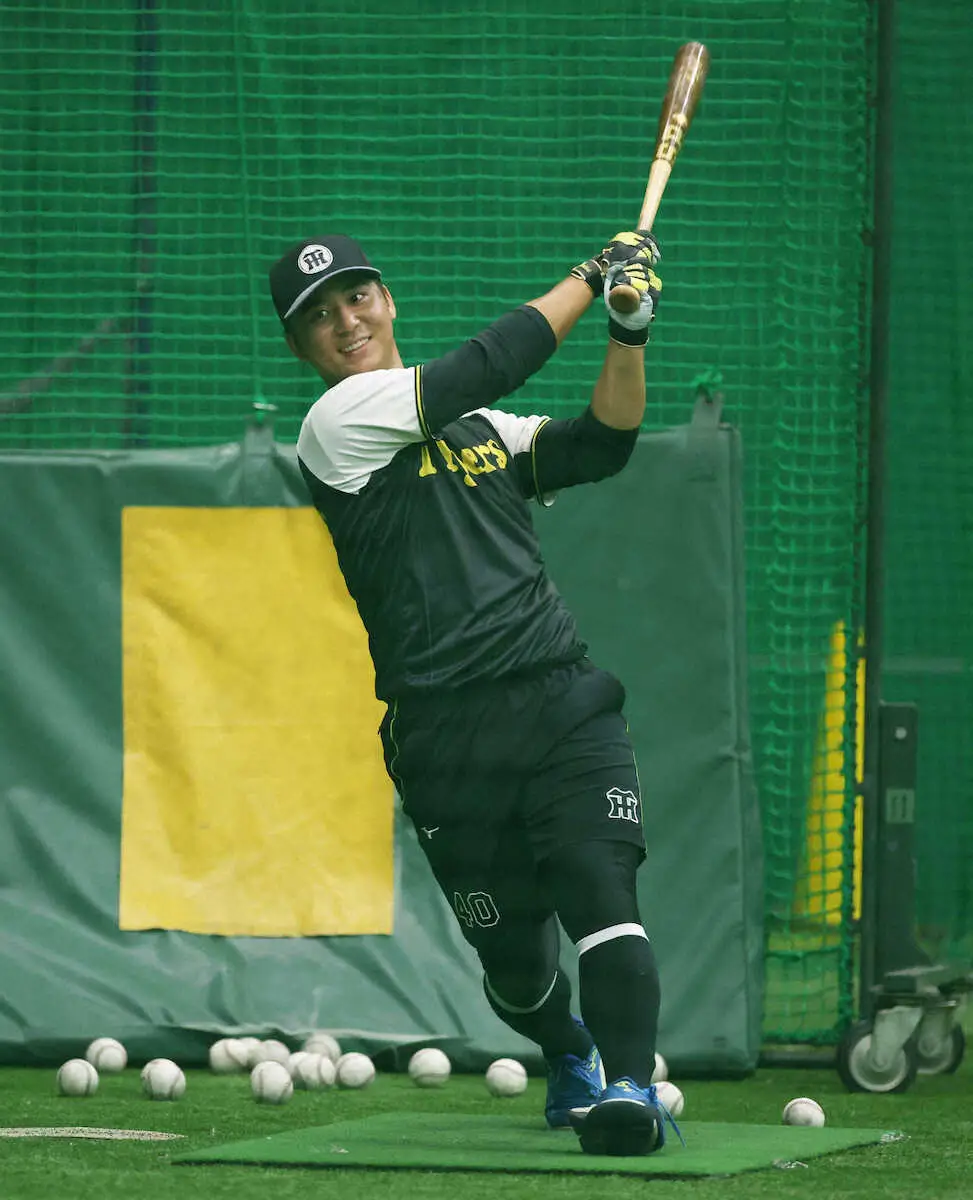 【画像・写真】室内で打撃練習する阪神・井坪（撮影・大森　寛明）