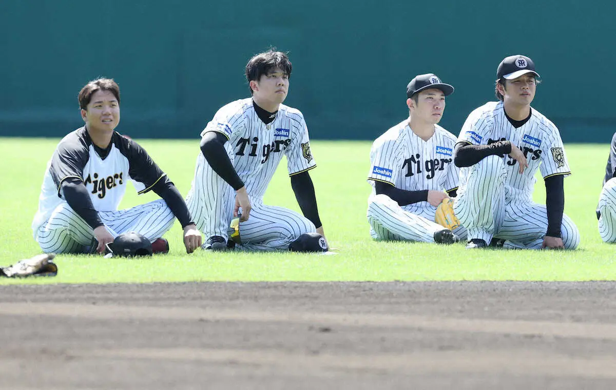 【画像・写真】＜阪神全体練習＞　投内連係の練習を見学する（左から）村上、才木、石井、高橋（撮影・大森　寛明）