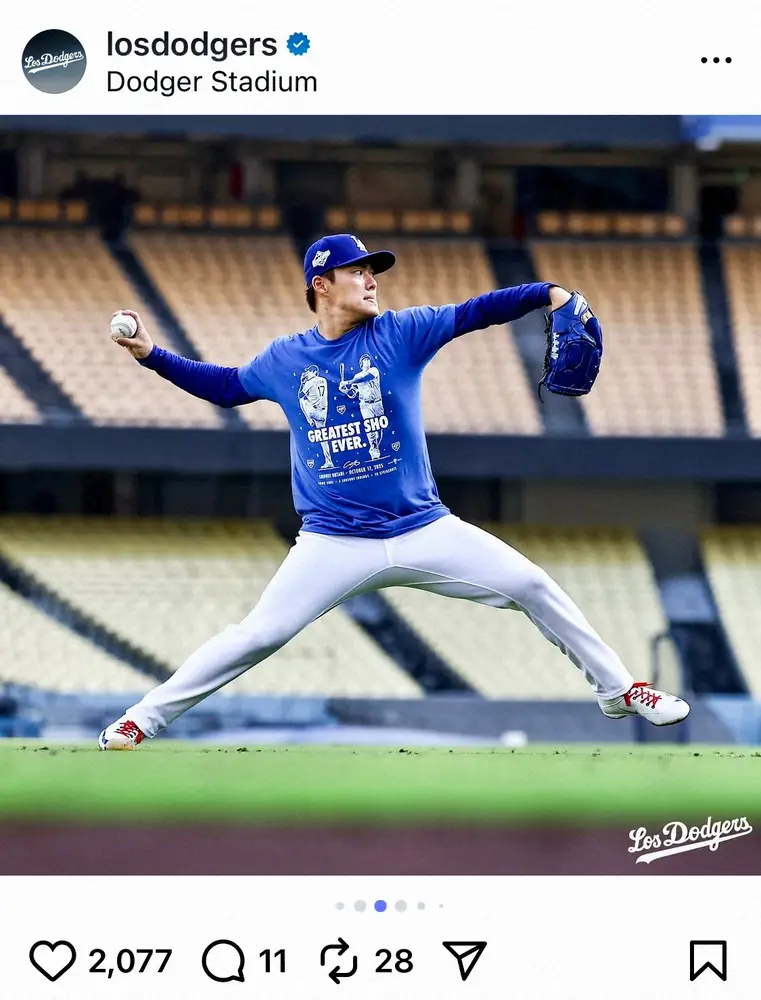 【画像・写真】山本由伸は大谷翔平“伝説二刀流Tシャツ”キケは“由伸名言Tシャツ”で練習　ドジャースSNSで公開