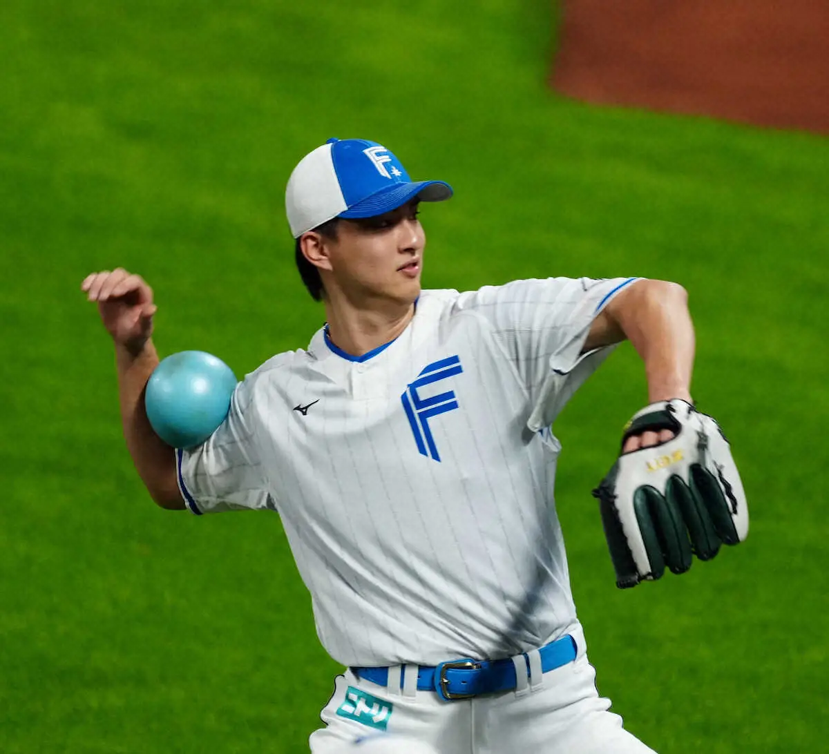 【画像・写真】腕でボールを挟んでシャドーピッチングを行う日本ハム・達（撮影・高橋　茂夫）