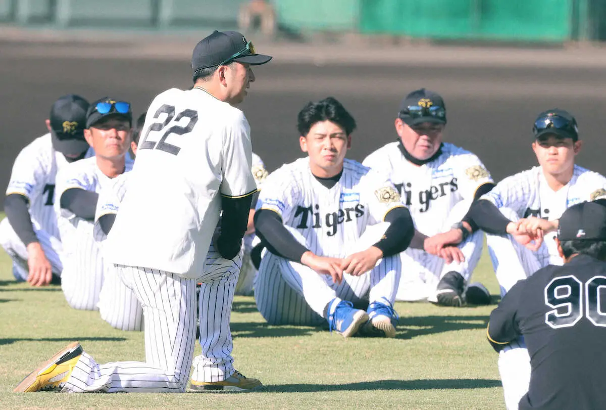 【画像・写真】練習前にナインを集めて話す藤川監督（撮影・大森　寛明）（撮影・大森　寛明）