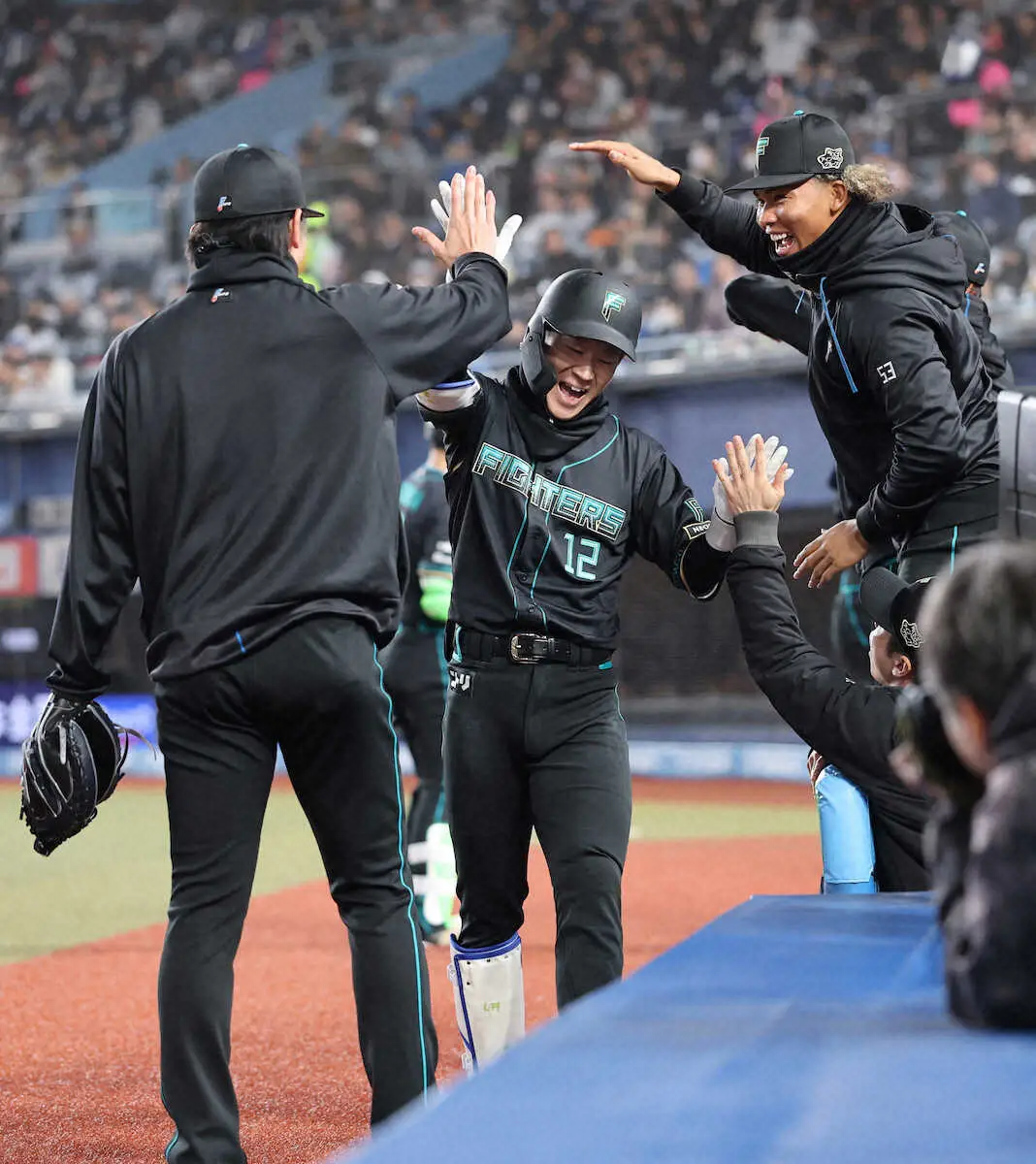 【画像・写真】＜ロ－日6＞4回、ソロを放った矢沢（中）はベンチでナイントとハイタッチ（撮影　西海健太郎）