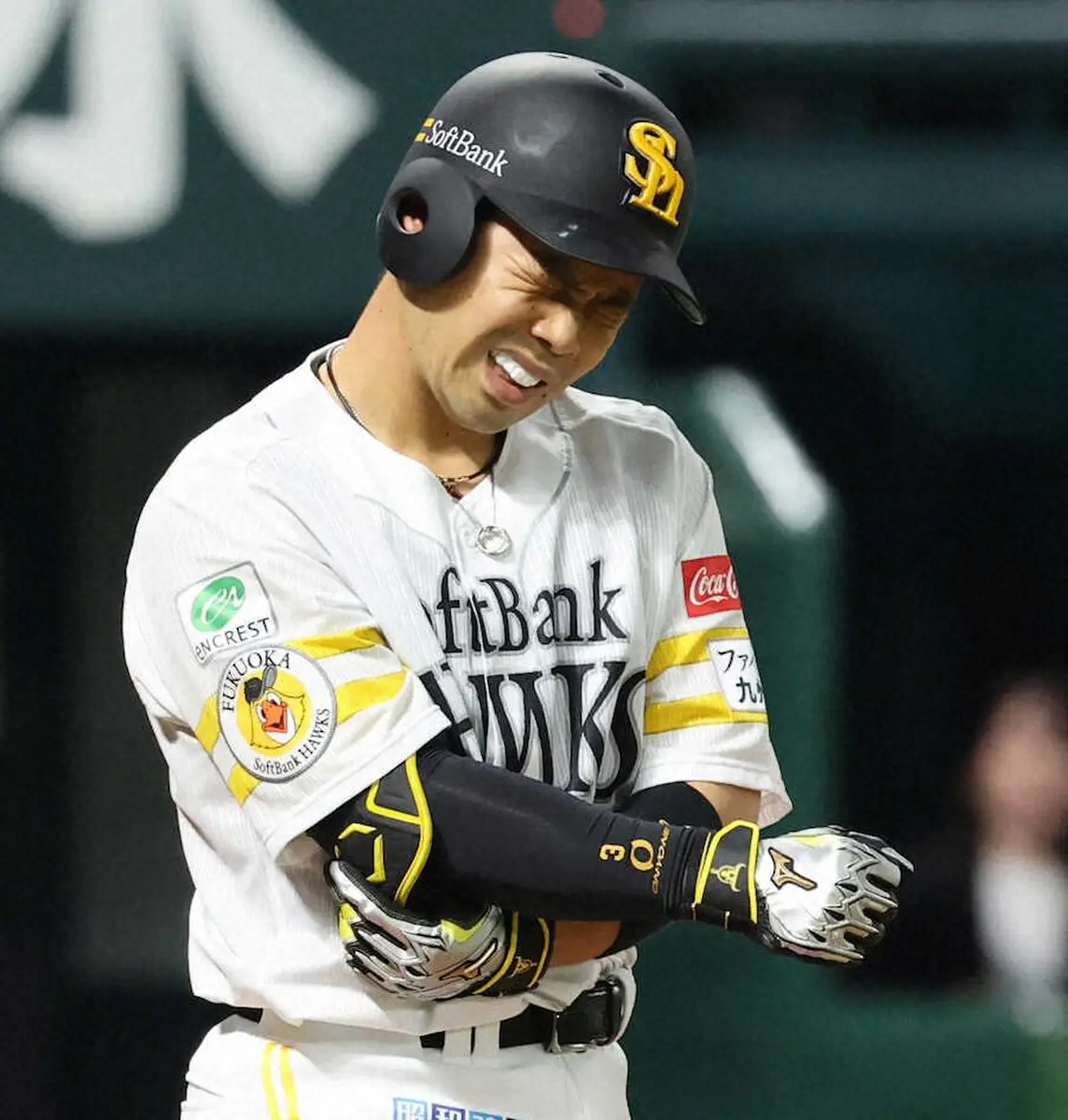 【画像・写真】ソフトバンク・近藤健介　痛っ！右肘に死球受けた影響で途中交代　19日の出場は状態を見て判断