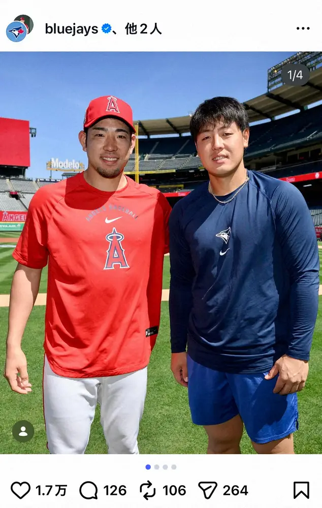 【画像・写真】岡本和真＆菊池雄星「再会！」2ショット写真を球団SNS紹介「楽しそうで嬉しい」「岡本のからだデカい」