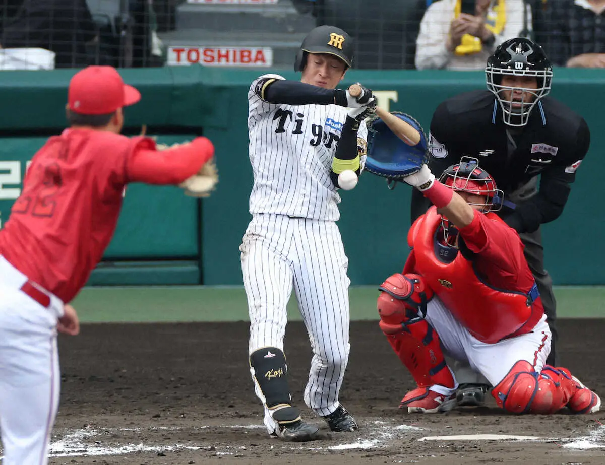 【画像・写真】＜神・広（6）＞8回、近本は死球を受ける。投手高太（撮影・北條　貴史）