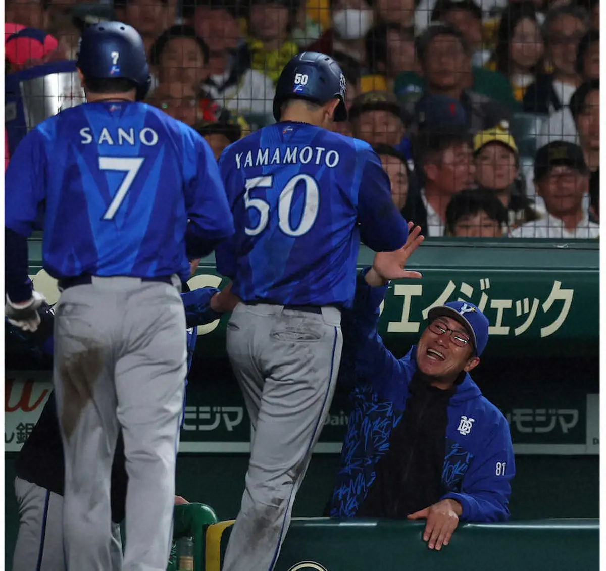 【画像・写真】＜神・D（6）＞　4回、生還した山本らを迎える相川監督　（撮影・亀井　直樹）