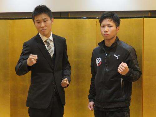 東日本新人王ミニマム級決勝に出場する長谷部守里（左）と富岡達也
