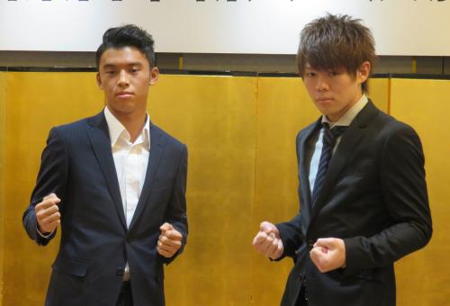 東日本新人王スーパーバンタム級決勝に出場する定常育郎（左）と松本竜也