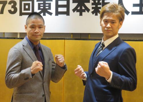 東日本新人王ミドル級決勝に出場するあぐーマサル（左）と会津タツヤ