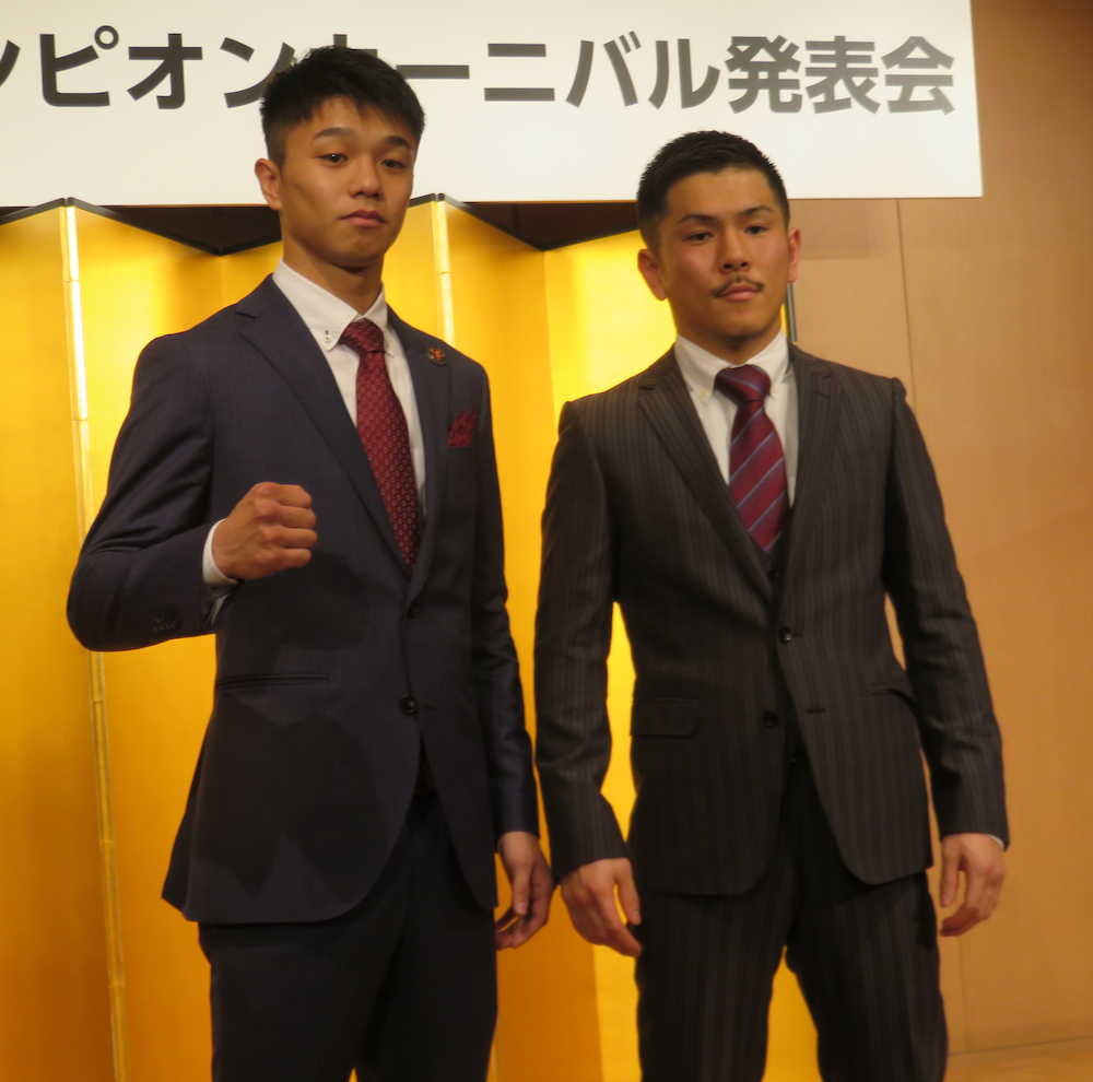 チャンピオンカーニバルで日本フライ級王座を懸けて戦う中谷潤人（左）と望月直樹（撮影・中出　健太郎）