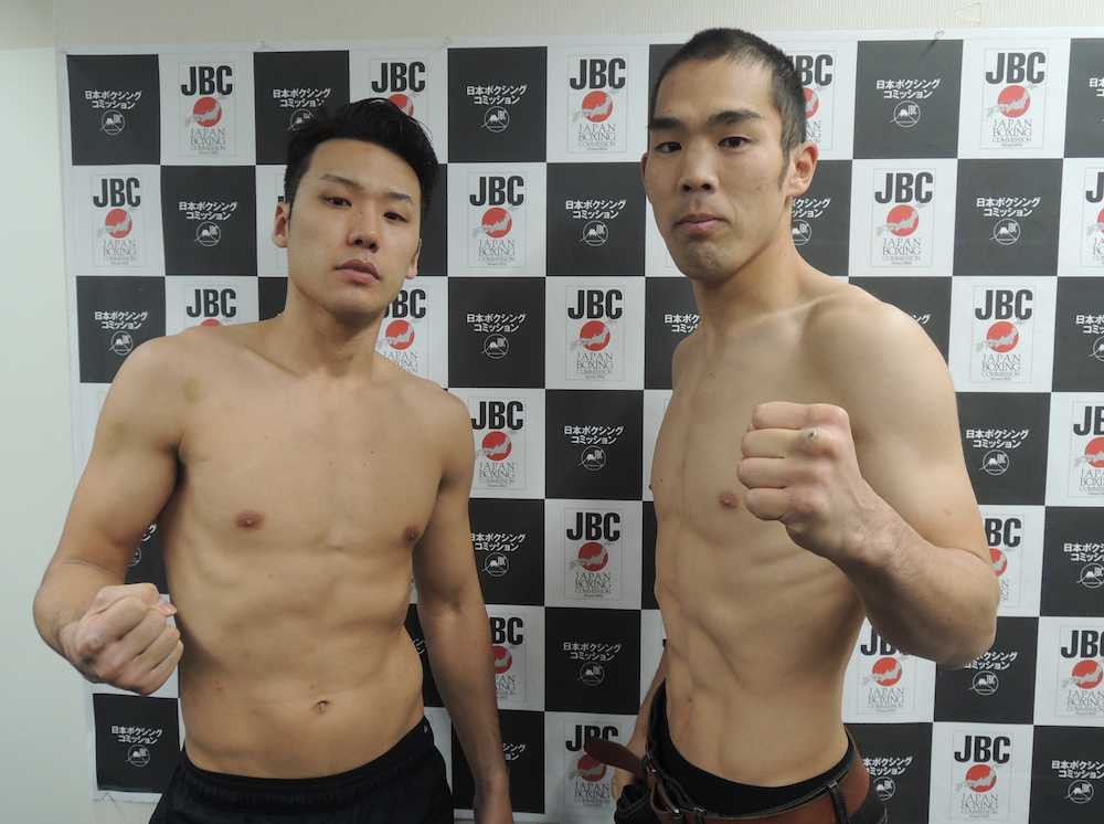 ＜日本ミドル級タイトルマッチ＞前日計量をパスした王者・竹迫司登（左）と加藤収二