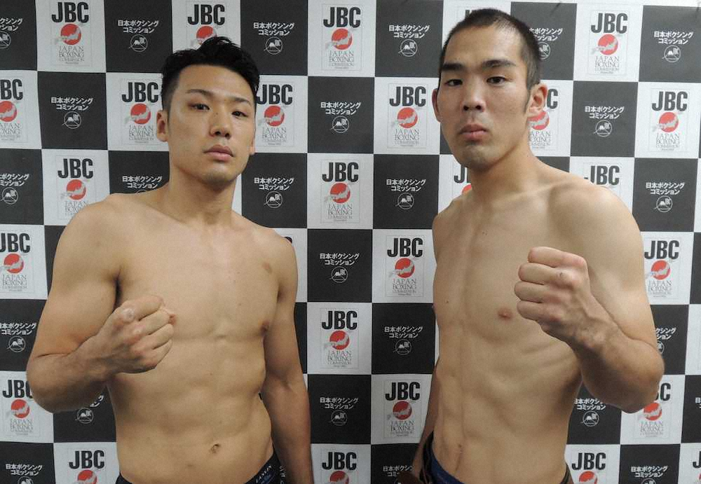 ＜日本ミドル級タイトルマッチ＞前日計量をともに一発でクリアした王者・竹迫司登（左）と加藤収二