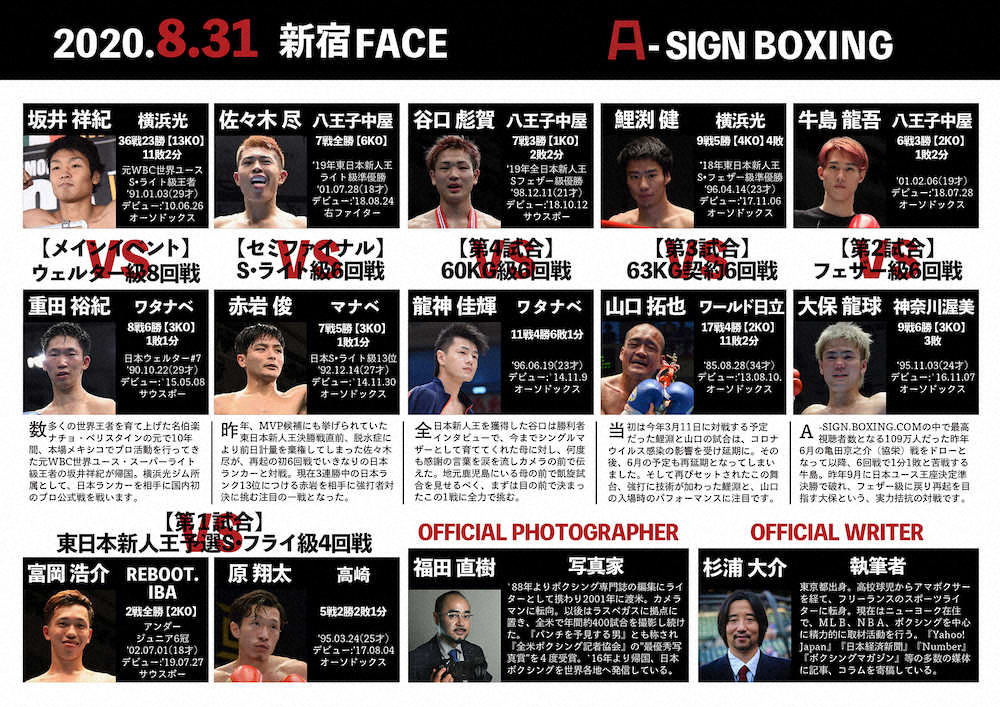 8月31日に新宿FACEで行われる「ファーストレートPresents　A－SIGN　BOXING」の対戦カード（提供写真）