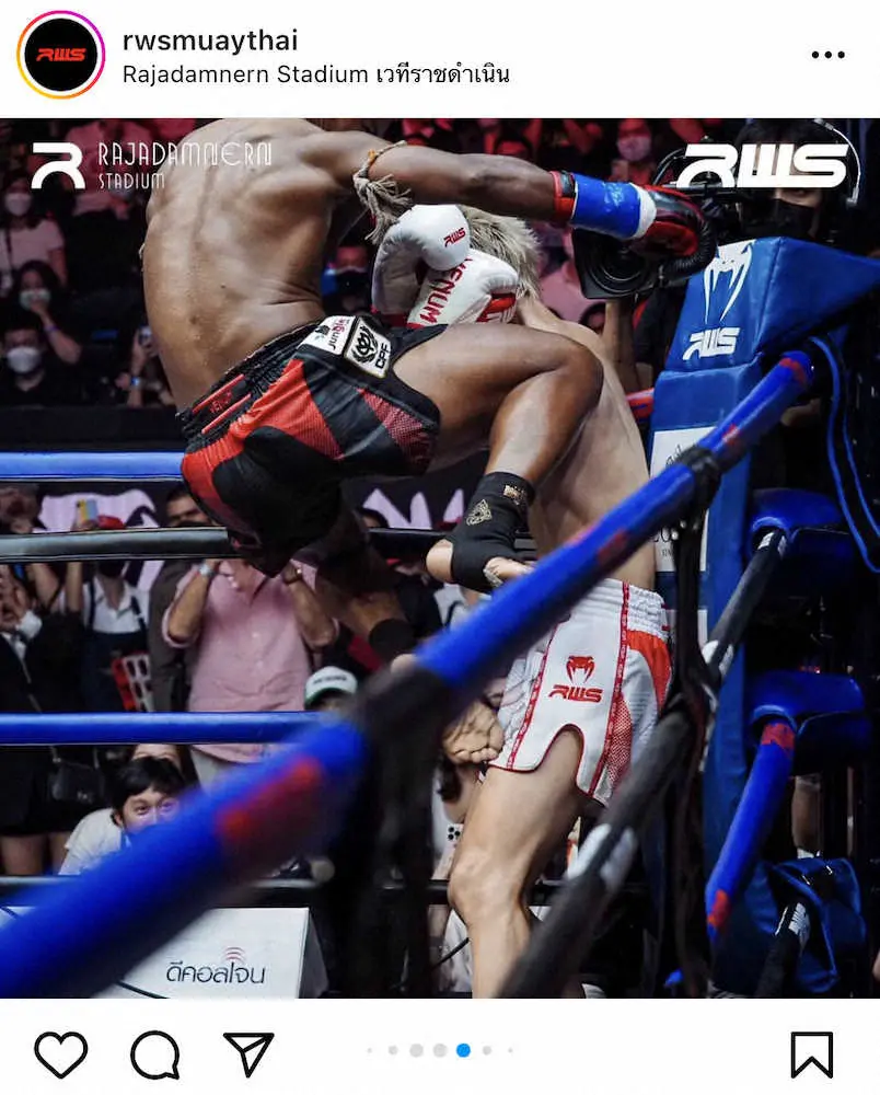 【画像・写真】ラジャダムナン・ワールド・シリーズの公式インスタグラムから(@rwsmuaythai)。飛びヒザを決めるブアカーオ（左）