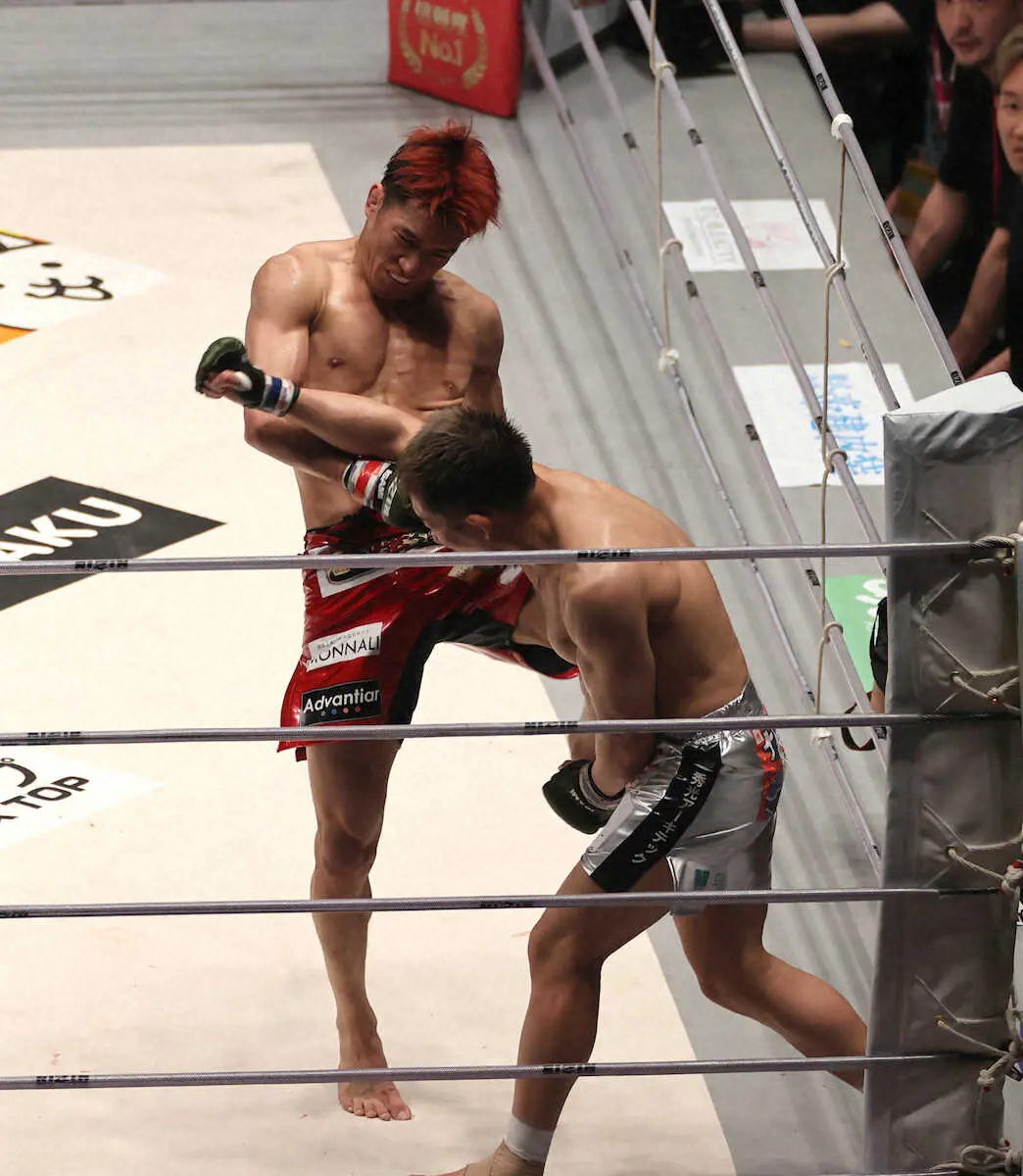 【画像・写真】＜RIZIN42＞3R、朝倉（左）の膝蹴りが元谷に決まってKO勝ち（撮影・篠原岳夫）