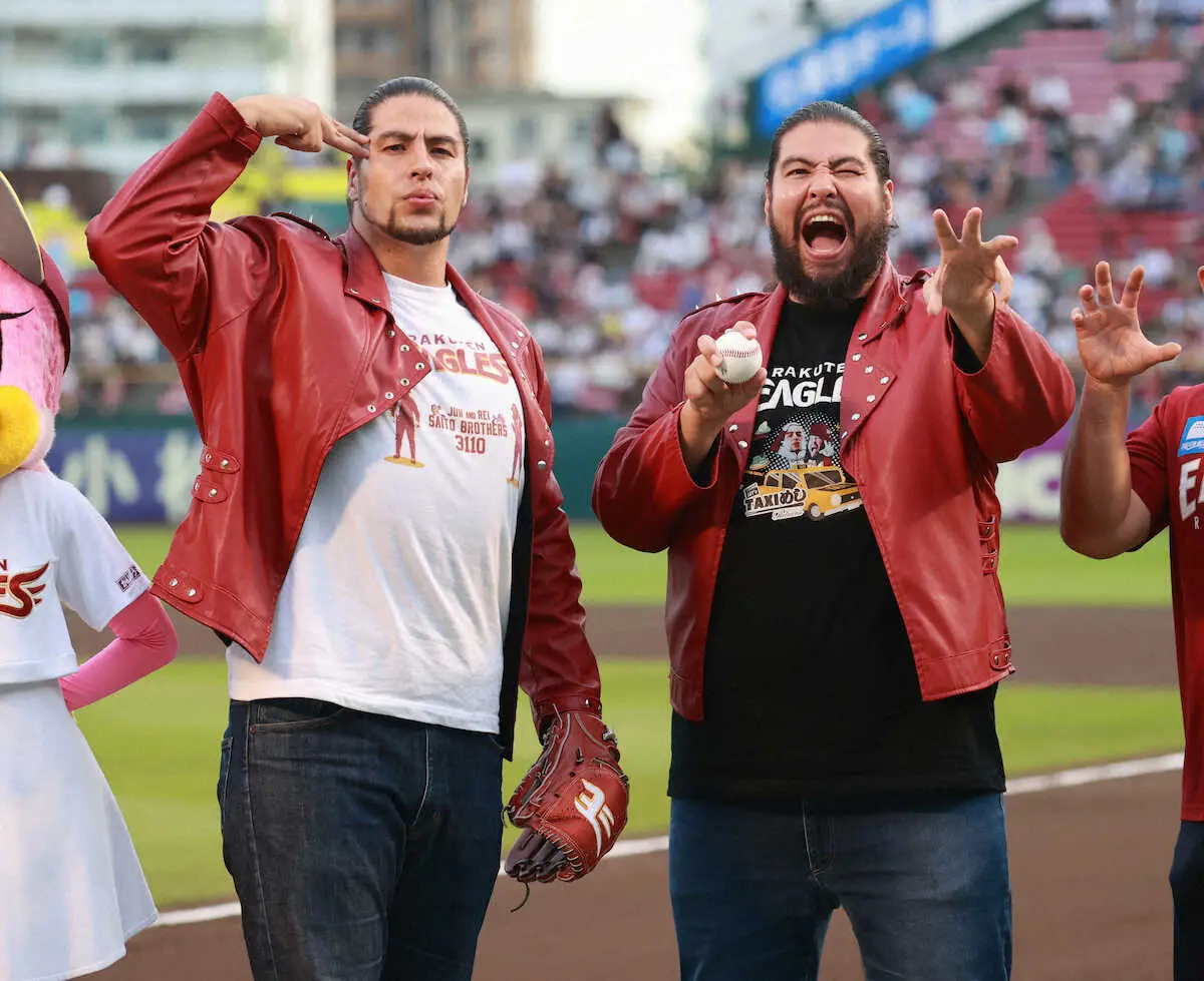 【画像・写真】全日本プロレスのSAITO　BROTHERSがセレモニアルピッチ　「球場でプロレスを」熱望