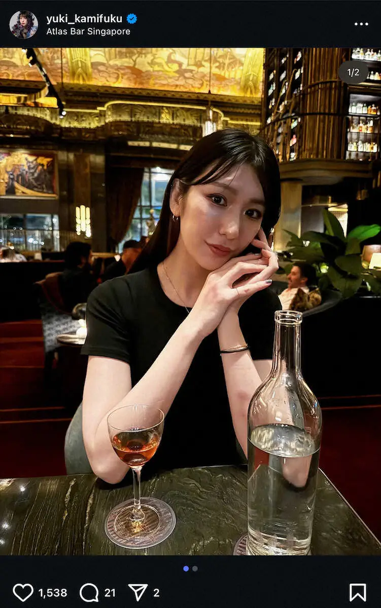 【画像・写真】“美女レスラー”上福ゆき　海外のスタイリッシュバーで“お洒落”S！「美女×お酒のビジュアル最高」の声