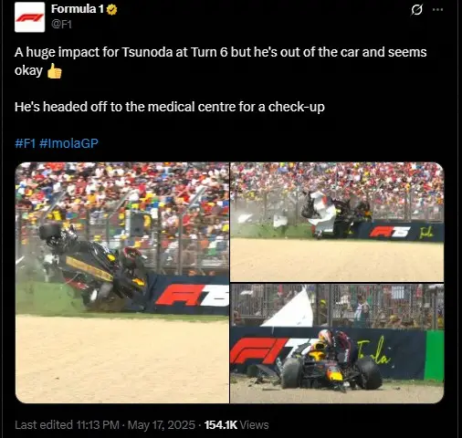 【画像・写真】【F1】角田裕毅のマシンが空中で裏返しに…予選開始直後に衝撃のクラッシュ　自力でマシン降りる