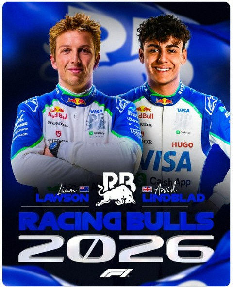 来季レーシングブルズドライバーのローソン（左）とリンドブラッド（F1公式X＝＠F1＝より）