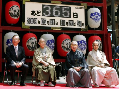 歌舞伎座前に設置された「カウントダウン時計」の点灯式に出席した（右から）市川団十郎さん、中村富十郎さん、中村芝翫さん、大谷信義松竹会長