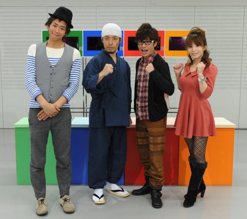 テレビ朝日「いきなり！黄金伝説。」に出演するオリエンタルラジオ（中央）と楽しんご（左）、森埼友紀