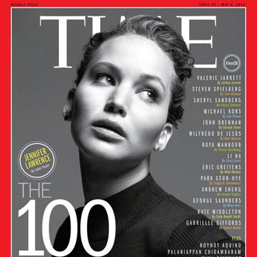 タイム誌が選ぶ「世界で最も影響力のある１００人」に選出されたジェニファー・ローレンスはタイム誌表紙を飾った