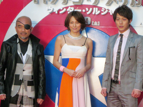 映画「キャプテン・アメリカ／ウィンター・ソルジャー」特別上映会に登場した（左から）竹中直人、米倉涼子、溝端淳平