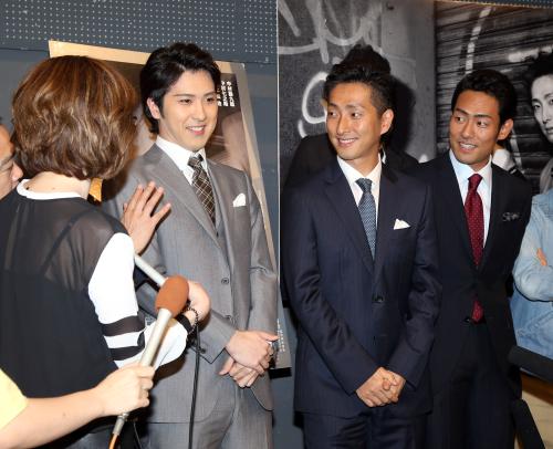 囲み取材で尾上松也は、交際について聞かれ（右から）中村勘九郎、中村七之助に突っ込まれ照れ笑いを見せる