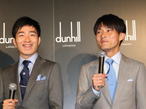 ダンヒル「２０１４勝負服」Ｌａｕｎｃｈイベントに出席したジャルジャルの後藤淳平（左）と福徳秀介