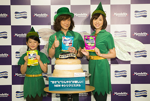 「キシリクリスタル」の新ＣＭキャラクターに就任した（左から）濱田ここね、ダイアモンド☆ユカイ、黛英里佳