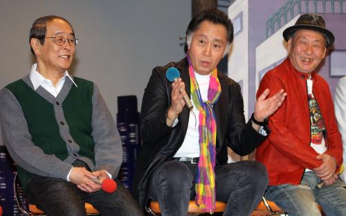「三匹のおっさん２」会見に出席した（左から）俳優の志賀廣太郎、北大路欣也、泉谷しげる