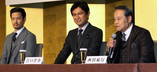 映画「人生の約束」完成会見に出席した（左から）竹野内豊、江口洋介、西田敏行