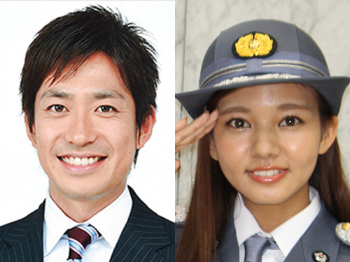 日本テレビ田中毅アナ（左）と結婚することを報告した、にわみきほ