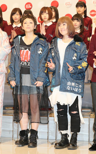 ＮＨＫ「第６７回紅白歌合戦」の出場歌手発表会見に出席したＰＵＦＦＹの吉村由美（左）と大貫亜美