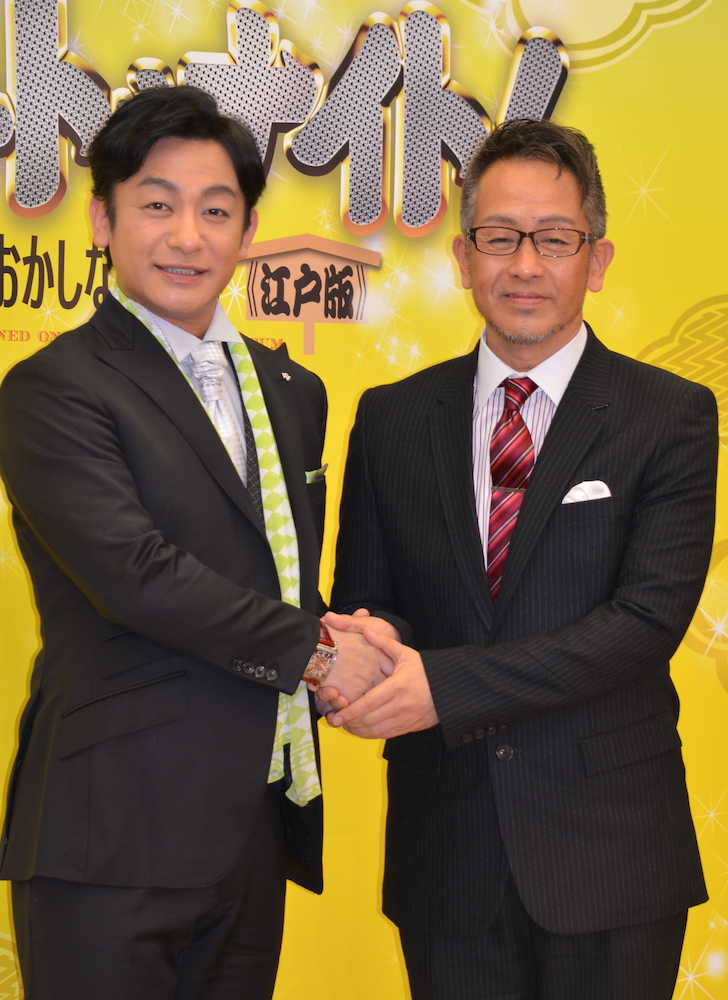 ミュージカル「コメディ・トゥナイト！」の製作発表に出席した片岡愛之助（左）と宮本亜門氏