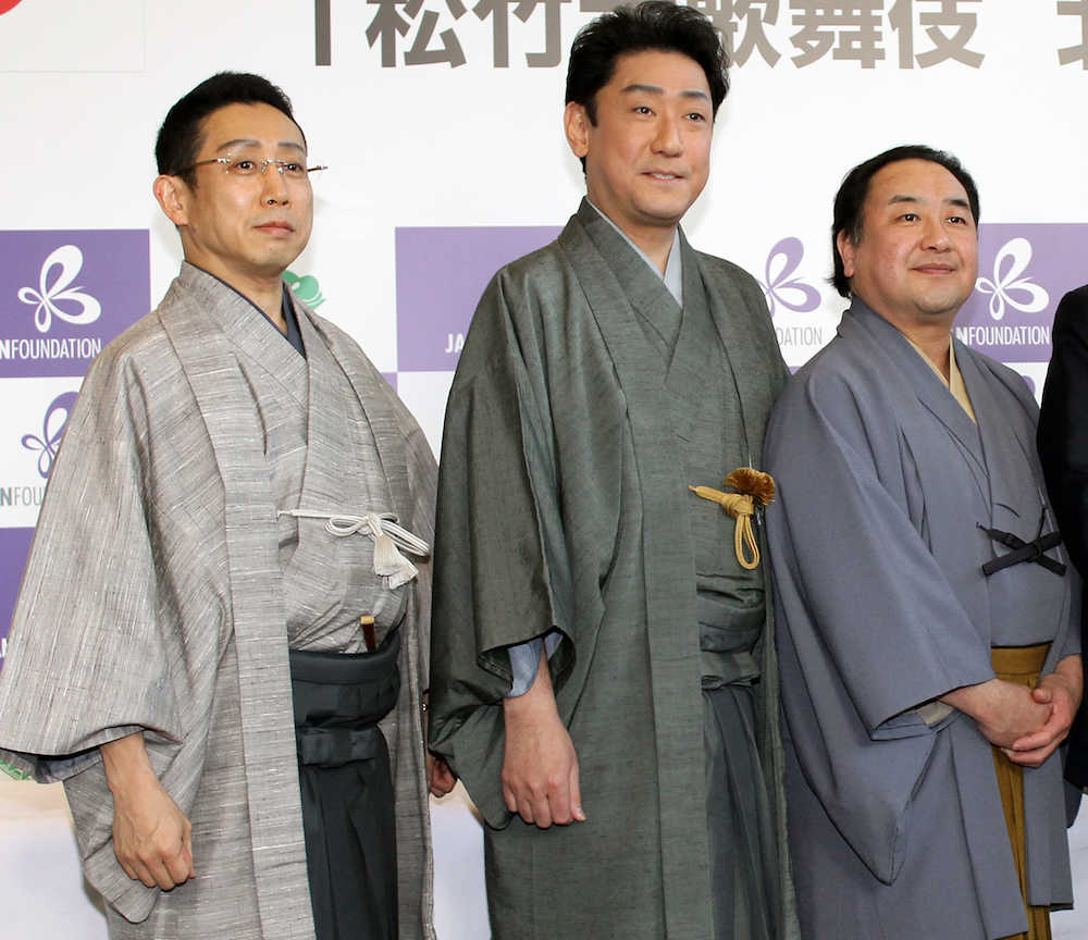 「松竹歌舞伎」北京公演の記者発表に出席した（左から）片岡孝太郎、中村芝翫、中村鴈治郎