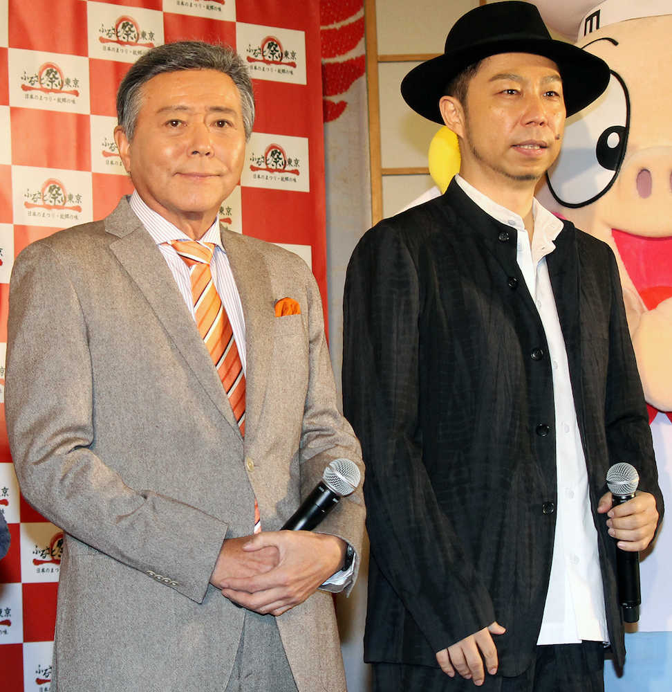 「ふるさと祭り東京２０１８」記者発表に出席した（左から）小倉智昭氏、ＥＸＩＬＥのＵＳＡ
