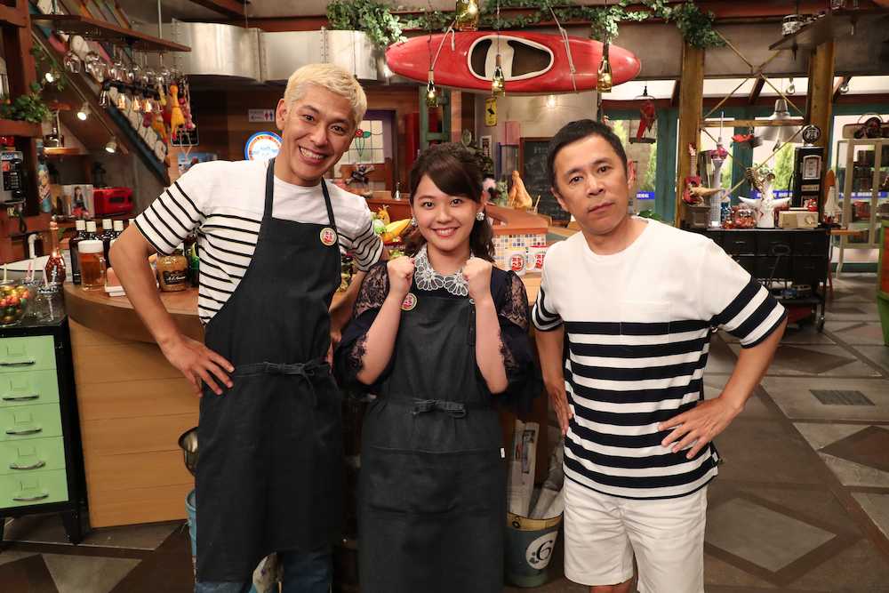 関西テレビ「おかべろ」に出演する（左から）田村亮、谷元星奈アナウンサー、岡村隆史