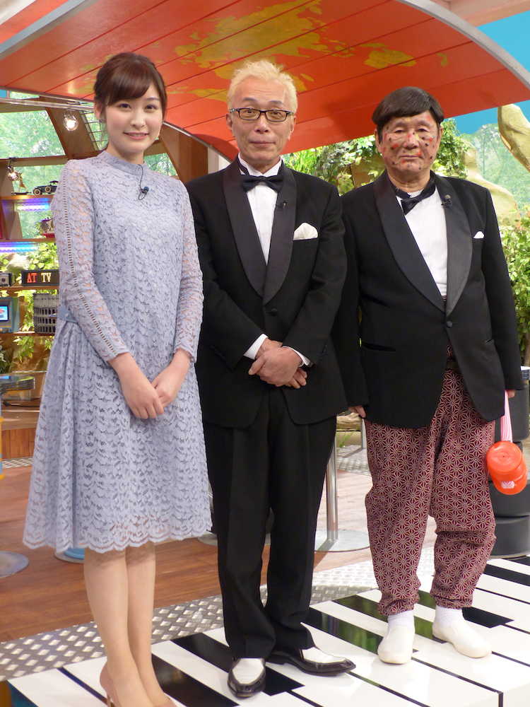 日本テレビ「世界まる見えテレビ特捜部」の新アシスタント就任を記念した取材会に出席した（左から）岩田絵里奈アナウンサー、所ジョージ、ビートたけし