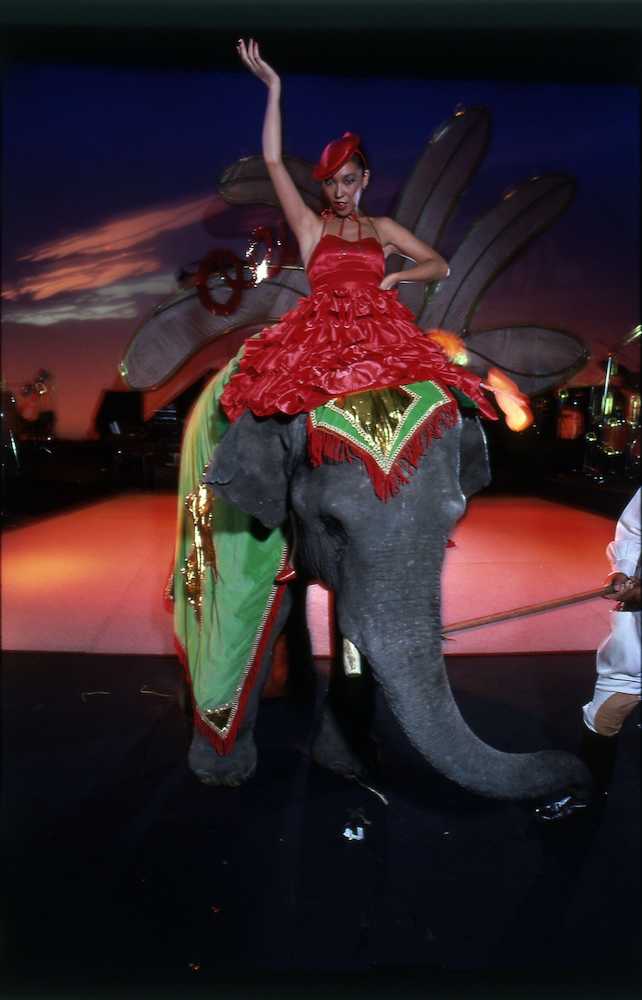 １９７９年、東京・中野サンプラザ公演で子象に乗る松任谷由実